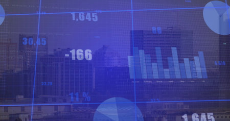 Displaying grid overlay on downtown skyline, with floating numeric indicators and chart segments....