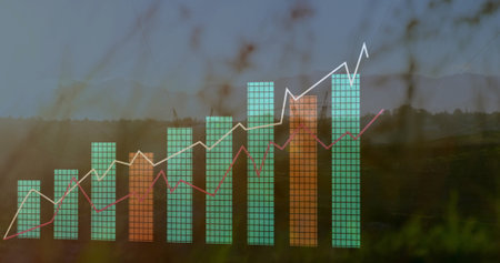 Displaying grid-patterned bar chart overlaying rural field, featuring white and red trend lines....
