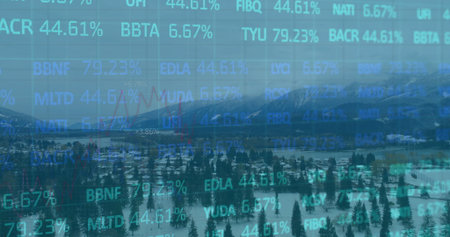 Displaying stock data overlaying snowy pines and frozen lake in alps, with tickers, line chart....