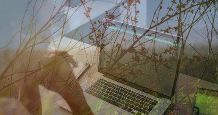 Concentrating mid adult woman working on laptop at home office, with notebook pen and twig overlay....
