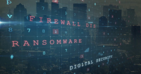 Displaying red RANSOMWARE text spanning urban skyline at dusk, with translucent grid and code....