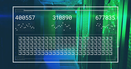 Displaying overlay showing metrics, sparkline graphs and grid icons in data center hall. Technology, data, cybersecurity, digital, network, industrial, futuristicの写真素材
