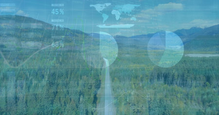 Running asphalt road winding through mountainous forest toward distant peaks, with data overlays....