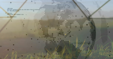 Floating dotted globe sphere blending among grass blades in grass field, with dots and code text....