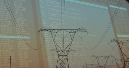 Showcasing high-voltage tower silhouette in rural field at dusk, with power lines and code overlay....