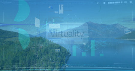 Displaying translucent interface graphics over calm mountain lake scene with pine slope, Virtuality....