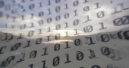 Floating semi transparent binary digits overlaying mountain valley at sunset, with reflective lake. Nature, digital, futuristic, landscape, technology, innovation, serenityの写真素材