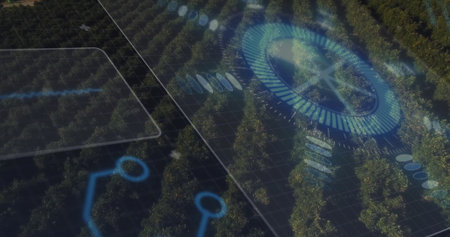Showing aerial orchard rows receiving precision monitoring in grove, with holographic data overlay....