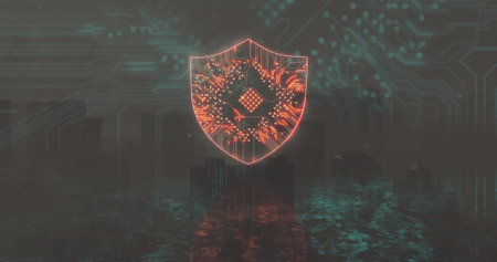 Glowing circuit shield emblem hovering above water in misted city skyline, overlaid circuit pattern....