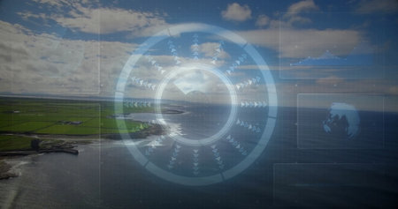 Circular interface showing rings, arrow indicators hovering over coastal farmland, with data panels. Futuristic, technology, navigation, geospatial, environmental, visualization, dataの写真素材