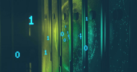 Glowing server cabinets displaying bits in data center, with digital globe and network node pattern....