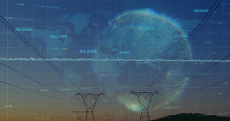 Displaying point-cloud globe hovering above hill at sunset, with power towers, grid, data labels....