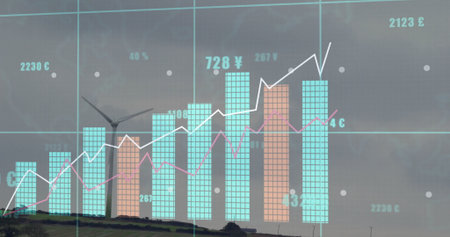 Displaying colored bar columns on hillside ridge with wind turbine, grid and trend lines, labels....