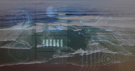 Displaying ocean wave patterns rolling toward shoreline, with semi-transparent HUD overlays. Marine,...