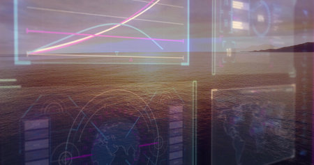 Displaying digital overlay spanning calm sea at twilight horizon, with line chart and globe diagram....