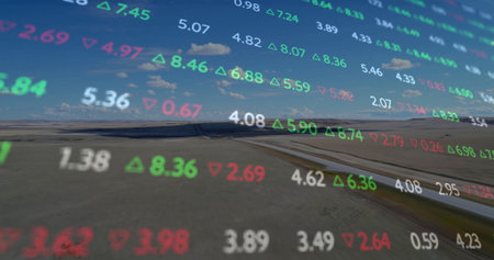 Floating multi-colored stock market figures drifting across dry plain, with steel pipeline....