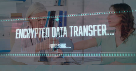 Doctor placing blood pressure cuff on patient arm in consultation room, with encrypted data overlay. Medical, healthcare, consultation, examination, professionalism, technology, clinicalの写真素材