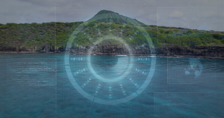 Displaying AR overlaying conical hill at ocean shore, with HUD reticle, arrow markers, code panels. Technology, navigation, marine, nature, exploration, digital, innovationの写真素材