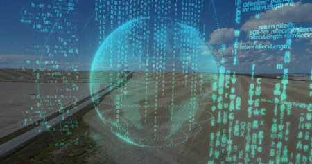 Displaying holographic globe overlaying rural pipeline across flat grassland, with streaming code....