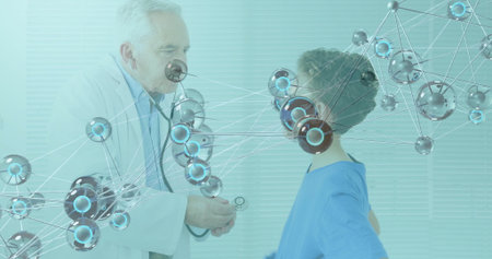 Listening white coat doctor placing stethoscope on boy's chest in exam room, with network overlay....