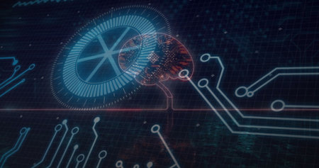Displaying red neural network brain glowing on dark grid plane, with blue HUD and circuit lines. Futuristic, technology, innovation, digital, interface, virtual, cybersecurityの写真素材