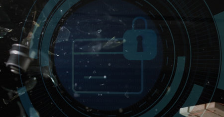 Displaying stylized browser window featuring padlock icon on dark cyber HUD, broken glass shards. Cybersecurity, digital privacy, data protection, technology, encryption, virtual interface, security breachの写真素材