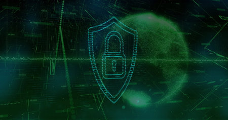 Displaying glowing shield icon guarding data streams in cyber space, with padlock, particle globe....