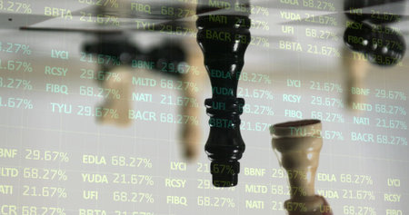 Displaying wooden queen chess piece alongside pawn on studio chessboard with stock ticker overlays. Strategy, finance, investment, analytics, competition, leadership, technologyの写真素材