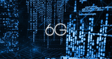 Glowing 6G emblem hovering in virtual cyberspace, with code streams and dotted data-flow lines. Futuristic, digital, technology, innovation, cyber, network, abstractionの写真素材