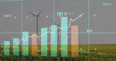 Displaying data visualization over farmland wind turbines, featuring teal bars and pink trend lines....