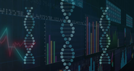 Displaying stylized DNA helix glowing on dashboard, with bar charts, line waveform, data panels....