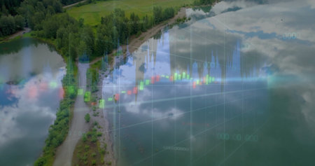 Showing peninsula by forest gravel road along lake, financial candlestick chart overlay, copy space. Nature, finance, technology, serenity, landscape, reflection, wildernessの写真素材