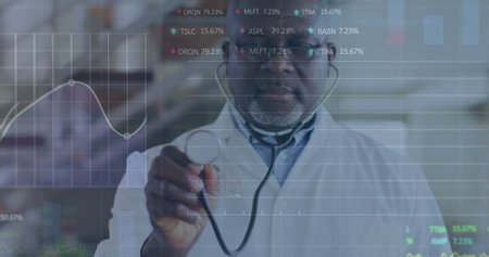Holding doctor wearing lab coat in hospital corridor showing stethoscope data overlays. Medical,...