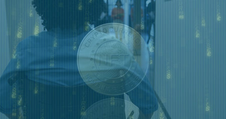 Floating NFT coin over wheelchair rider rolling down facility corridor with green currency streams....