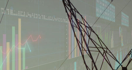 Displaying dark wireframe lattice overlapping bar charts in dashboard, with line graphs. Data, analytics, visualization, abstraction, technology, interface, digitalの写真素材