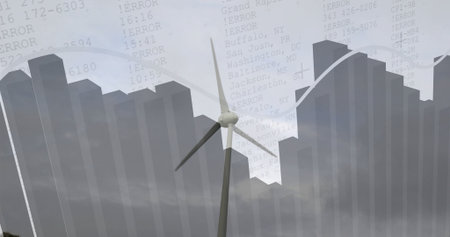 Turning wind turbine powering bar chart skyline under overcast sky, with error log overlay....