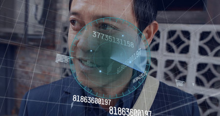 Analyzing holographic data overlay, Asian man in dark suit standing on urban street, with bag strap. Futuristic, technology, analytics, urban, modern, profession, interfaceの写真素材