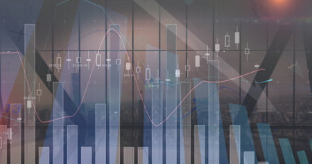 Projecting bar, candlestick charts scrolling on office window, with pink and blue trend lines....