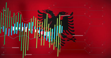 Showing eagle emblem on red flag with candlestick bars line graphs plus markers on circuit lines. Financial, data, technology, analytics, investment, digital, visualizationの写真素材