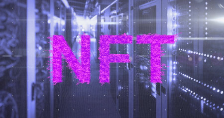 Displaying fuzzy neon pink holographic NFT letters in dim data center corridor, with blinking LEDs. Technology, cybersecurity, digital, futuristic, innovation, industry, neonの写真素材