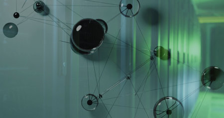 Displaying digital network overlay hovering in server room, with glossy spheres and green LEDs....