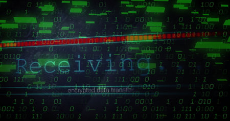 Displaying Receiving text scrolling on UI, with encrypted data transfer, green code blocks, red bar. Cybersecurity, data, technology, digital, network, interface, informationの写真素材