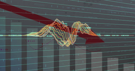 Displaying dashboard on screen showing red arrow trending down over bar chart and colorful lines....