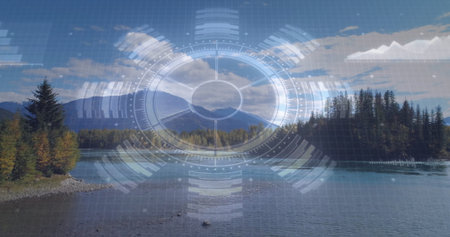 Displaying translucent overlay floating above mountain lake with pine shore and distant peaks. Nature, wilderness, digital, technology, tranquility, landscape, interfaceの写真素材