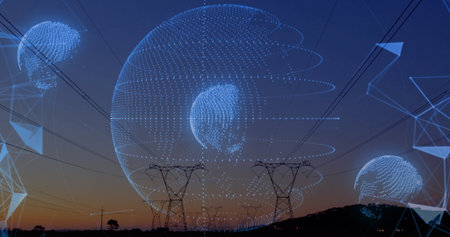 Hovering digital network sphere linking pylons, power lines and mesh lines over rural field at dusk....