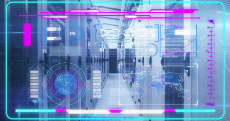 Showing central walkway hosting server cabinets and raised flooring at datacenter with HUD overlay....