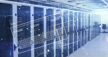 Extending long row of server cabinets through data center corridor, with holographic data overlays....