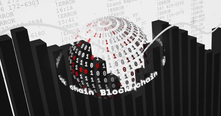3D binary sphere floating above bar chart in data space, with error, arc and Blockchain text. Futuristic, data, technology, digital, abstraction, innovation, cybersecurityの写真素材