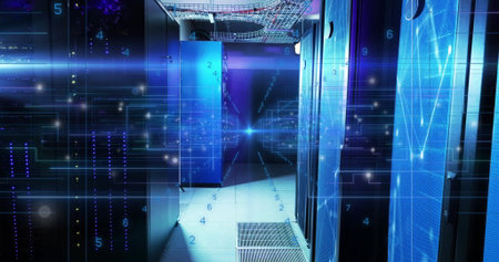 Glowing data center corridor featuring cabinets, switches, LEDs, trays, vents, holographic numbers....