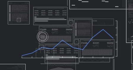 Displaying blue line graph trending across panels, with circular highlights and numeric tables....